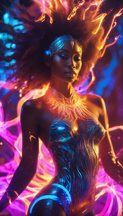 a beautiful black woman, bioluminescent skin, dreamlike expression, ethereal glowing aura, mystical energy, introspective pose, ...