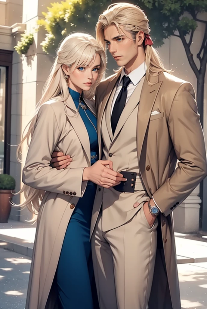 Tall, handsome, athletic, masculine, statuesque, young man-platinum blonde with blue eyes, tanned skin, long straight platinum hair, long bangs, he is wearing an expensive brand suit, cashmere brown coat, he hugs an incredibly beautiful young femme fatale blonde with long golden hair tied with a scarlet ribbon, She has blue eyes, long bangs, she is wearing an autumn dress, a pink coat. Romance. Park, sun, pond, love. They're holding hands. full-length image.