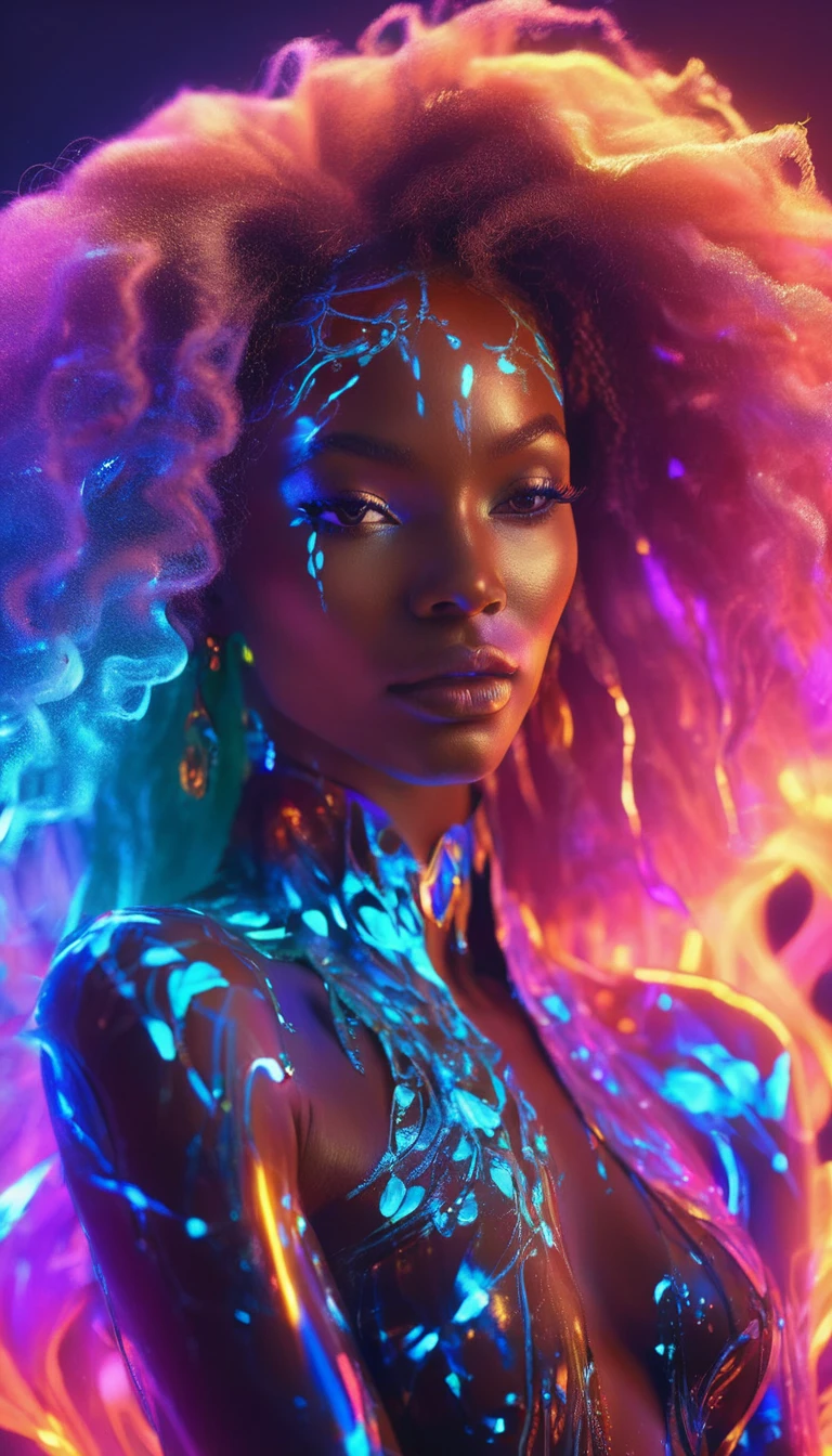 Una hermosa mujer negra, piel bioluminiscente, expresión onírica, aura etérea brillante, energía mística, pose introspectiva, pelo que fluye, iluminación dramática, paisaje surrealista, Colores vibrantes, detalles intrincados, composición cinematográfica, arte digital, renderizado de octanaje