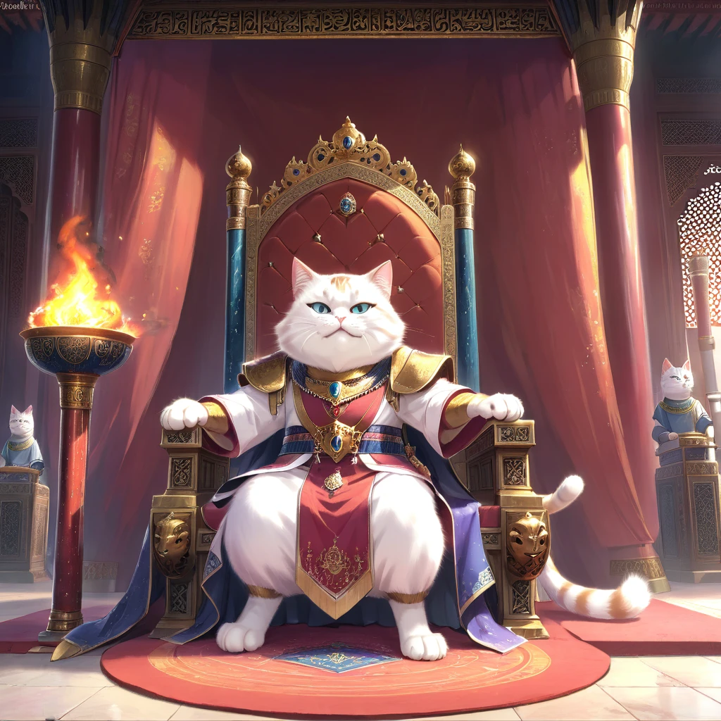 {{masterpiece、Highest quality、(((Realistic、Realistic:1.37)))、8K quality、Very delicate and beautiful、wonderful、Large file size、Very detailed、Very detailed、Cinema Lighting}}、An empty, exquisitely decorated throne, A palace made of cut stone, A room lit by flickering torches, A cat yawning while sitting on a throne,A comically open-mouthed cat face, Sitting on the throne as if power is of no concern to him,((One beautiful cat)), ((Beautiful Eyes)), (background: Countless swords displayed on the wall, All facing the same direction, Different types of swords, Several female attendants, Woman in beautiful arabic costume, Standing next to the throne, he looks at the cat and laughs or looks annoyed.),