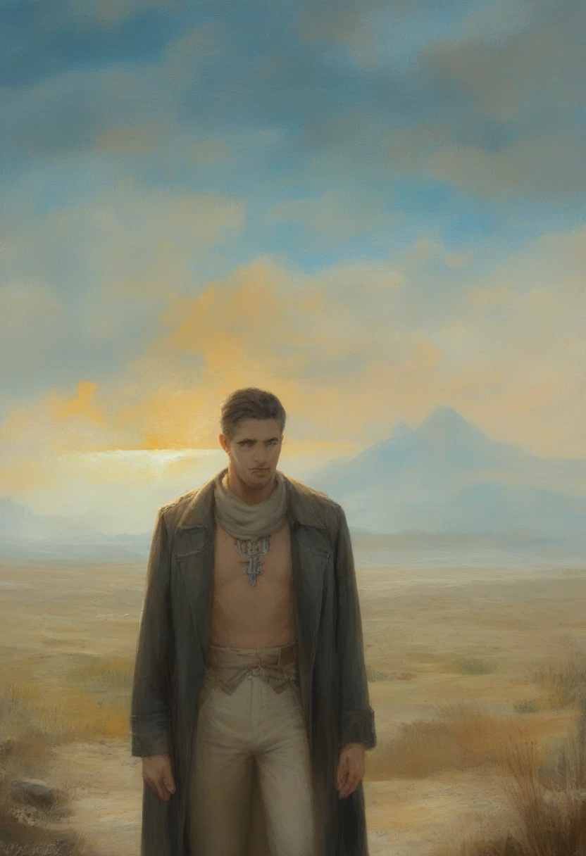 painting-like, grim, landscape of a pictorial simulation of Ulaanbaatar and virtual reality, at Overcast, nostalgic lighting, 80mm, temperamental 
 , painting-like, In this captivating painting-like, a Renaissance-inspired figure stands in the center of a desert landscape. The solitary figure is represented in bold black letters, with the sun peeking through the leaves above. He wears a long coat and khaki pants, fancy, oil painting-like style, dark evening, Impressionism, Expressionism, pinceladas ousadas, painting-like, unique, Magnificent, epic composition, excellent composition