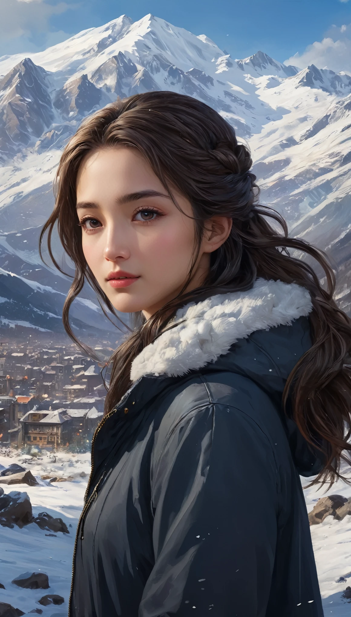 ((杰作)),最好的质量, 数字, 黑暗的, 一个女孩, 在荒野中,一座高山,远处可见雪山々, 城市, 对细节的关注,  美丽细致的头发,