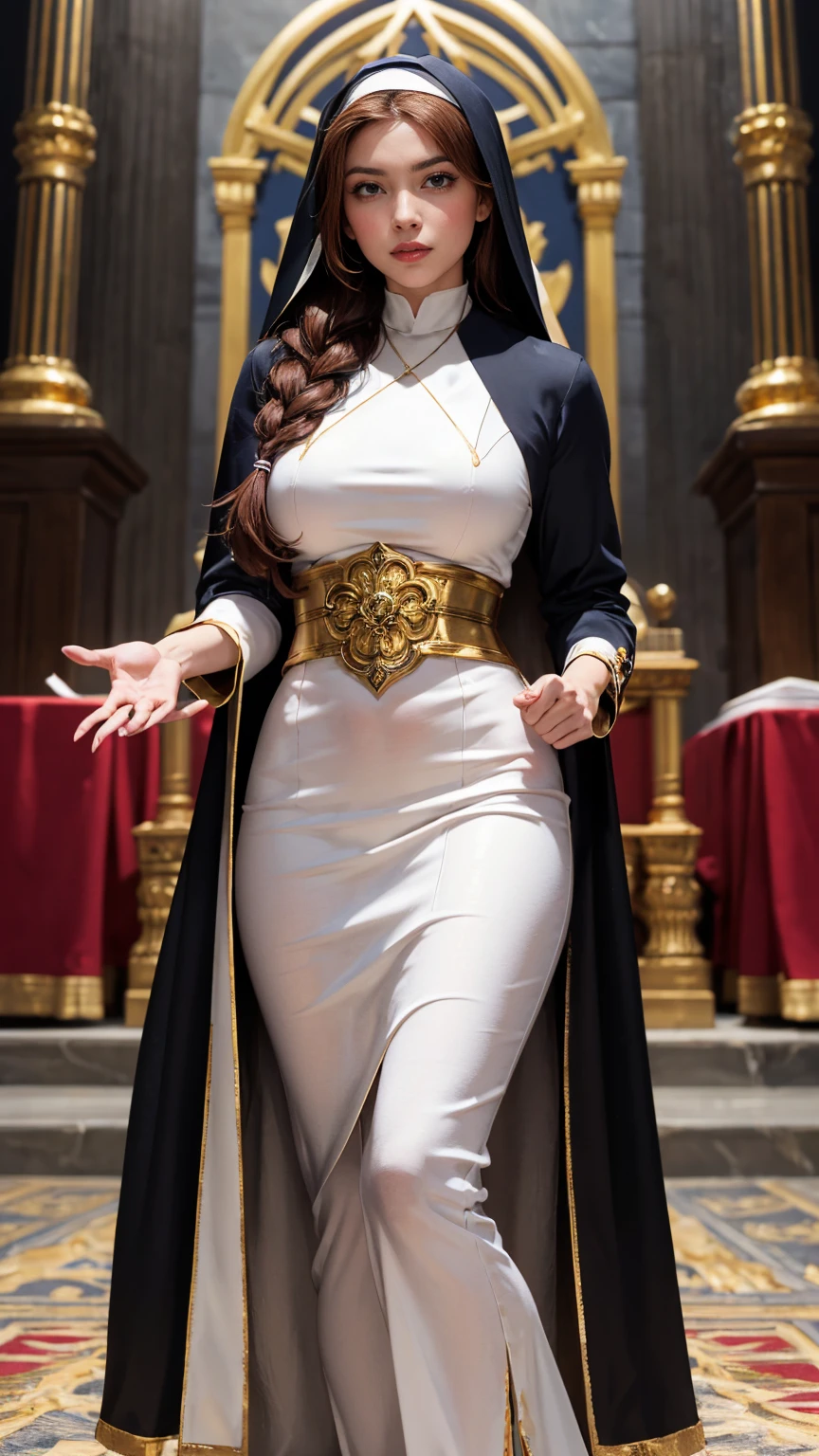 nsfw, best quality (4K, high resolution, masterpiece:1.2), ultra-detailed, realistic (photo-realistic:1.37), Sienna, the Commander of the Holy Faith, authoritative spiritual guide, portrait, ((wearing elegant warrior nun uniform with silver and gold accents signifying her high rank)), ((Perfect round and perky breasts)), (formfitting costume), wise yet piercing gaze, hazel eyes, poised stance, ((auburn hair tied back in a tight braid)), confident and commanding aura with a hint of wisdom, silver, gold, and dark color scheme, sharp focus, perfect, sacred lighting, confident, authoritative demeanor, emotive smile, powerful divine magic and spiritual energy radiating from her eyes, holy temple with a peaceful, inspiring background, tranquil yet empowering atmosphere, inspired by fantasy art and divine mythology, emphasizing her allure, wisdom, and martial prowess, meticulous attention to facial details showcasing her sharp and intelligent features, striking visual impact, expressive yet authoritative facial features, supernatural elements blended with a serene reality, (exceptionally detailed:1.3), super finely detailed and strong hands, ultra finely detailed fingers (ten fingers), suggestive, inspiring posing, full body showcase, no logos in the background.