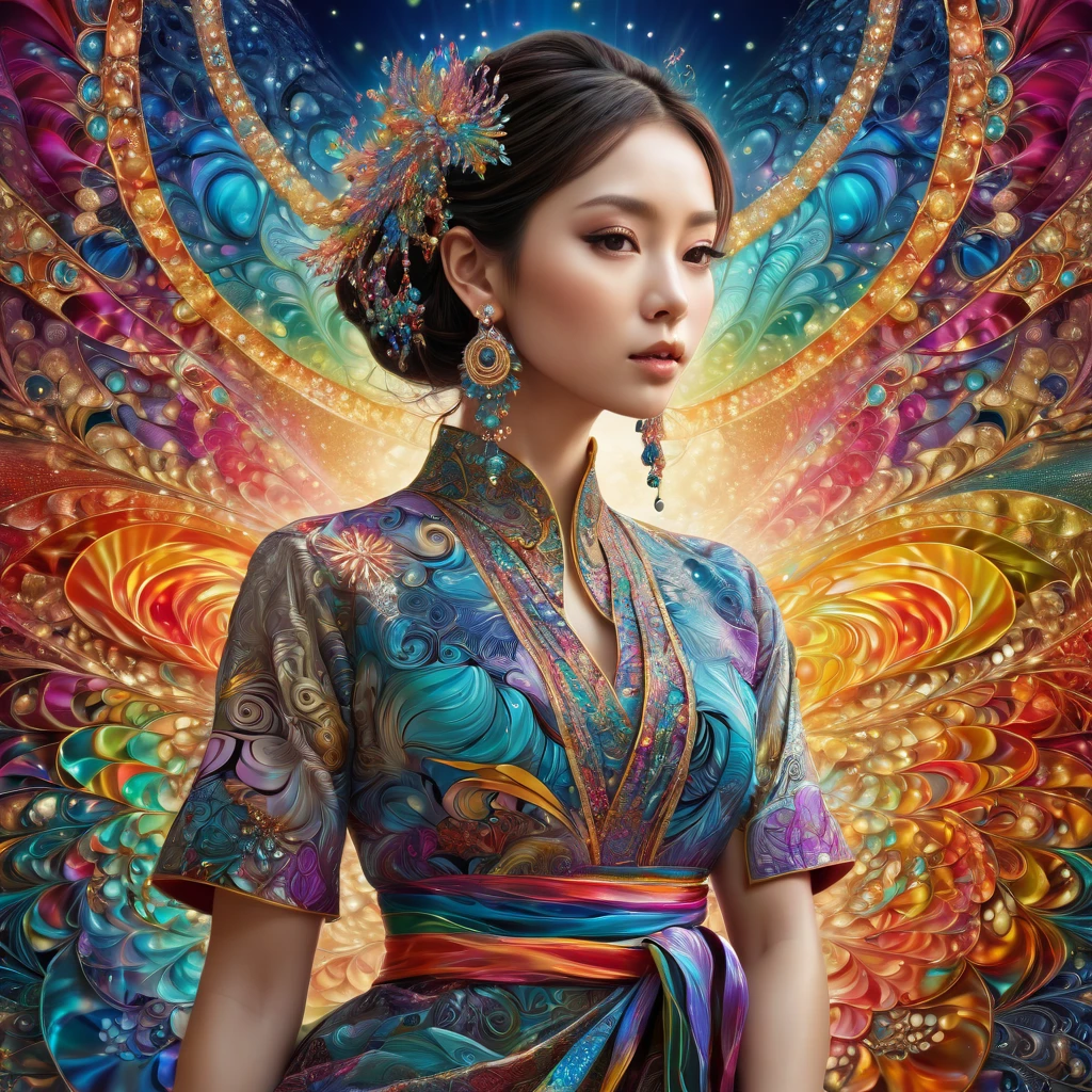 (masterpiece, top quality, best quality, official art, beautiful and aesthetic:1.2), (1girl:1.3), extremely detailed,(fractal art:1.1),(colorful:1.1),highest detailed,(zentangle:1.2), (dynamic pose), (abstract background:1.5), (japanese dress:1.2), (shiny skin), (many colors:1.4), ,(earrings:1.4),