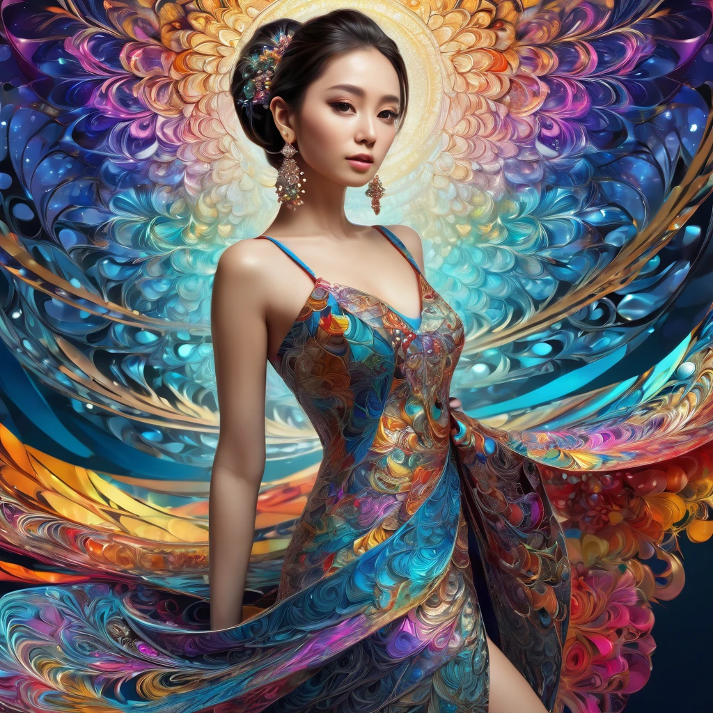 (masterpiece, top quality, best quality, official art, beautiful and aesthetic:1.2), (1girl:1.3), extremely detailed,(fractal art:1.1),(colorful:1.1),highest detailed,(zentangle:1.2), (dynamic pose), (abstract background:1.5), (japanese dress:1.2), (shiny skin), (many colors:1.4), ,(earrings:1.4),