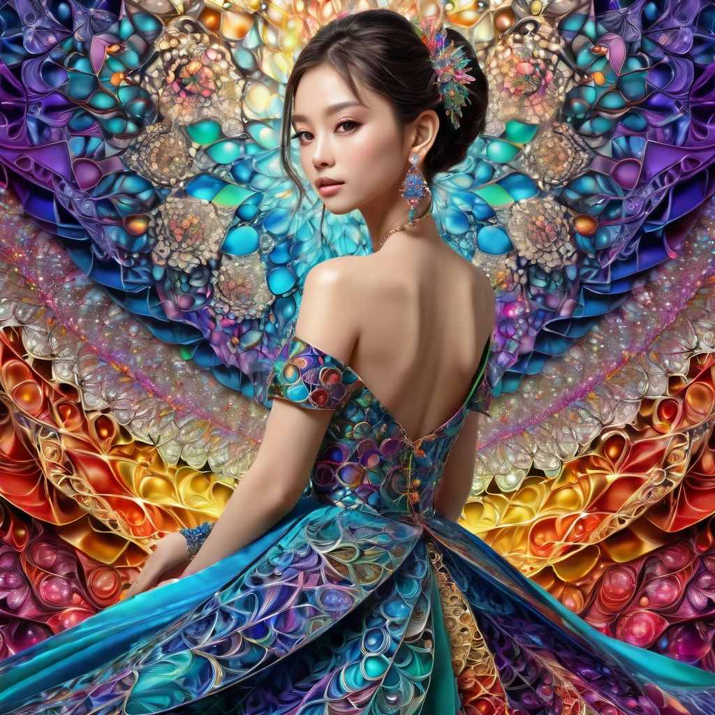 (masterpiece, top quality, best quality, official art, beautiful and aesthetic:1.2), (1girl:1.3), extremely detailed,(fractal art:1.1),(colorful:1.1),highest detailed,(zentangle:1.2), (dynamic pose), (abstract background:1.5), (japanese dress:1.2), (shiny skin), (many colors:1.4), ,(earrings:1.4),