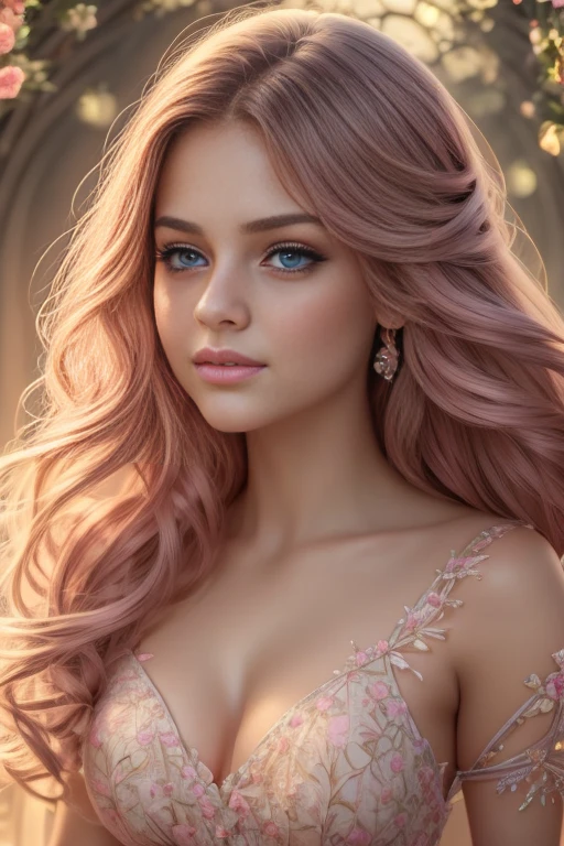 a girly girl, cute girl, 1girl, beautiful detailed eyes, beautiful detailed lips, extremely detailed eyes and face, long eyelashes, long flowing hair, adorable, pink dress, floral patterns, petals, fairy tale, fantasy, ethereal, glowing, golden hour lighting, soft lighting, pastel color palette, dreamy, whimsical, elegant, highly detailed, masterpiece, photorealistic