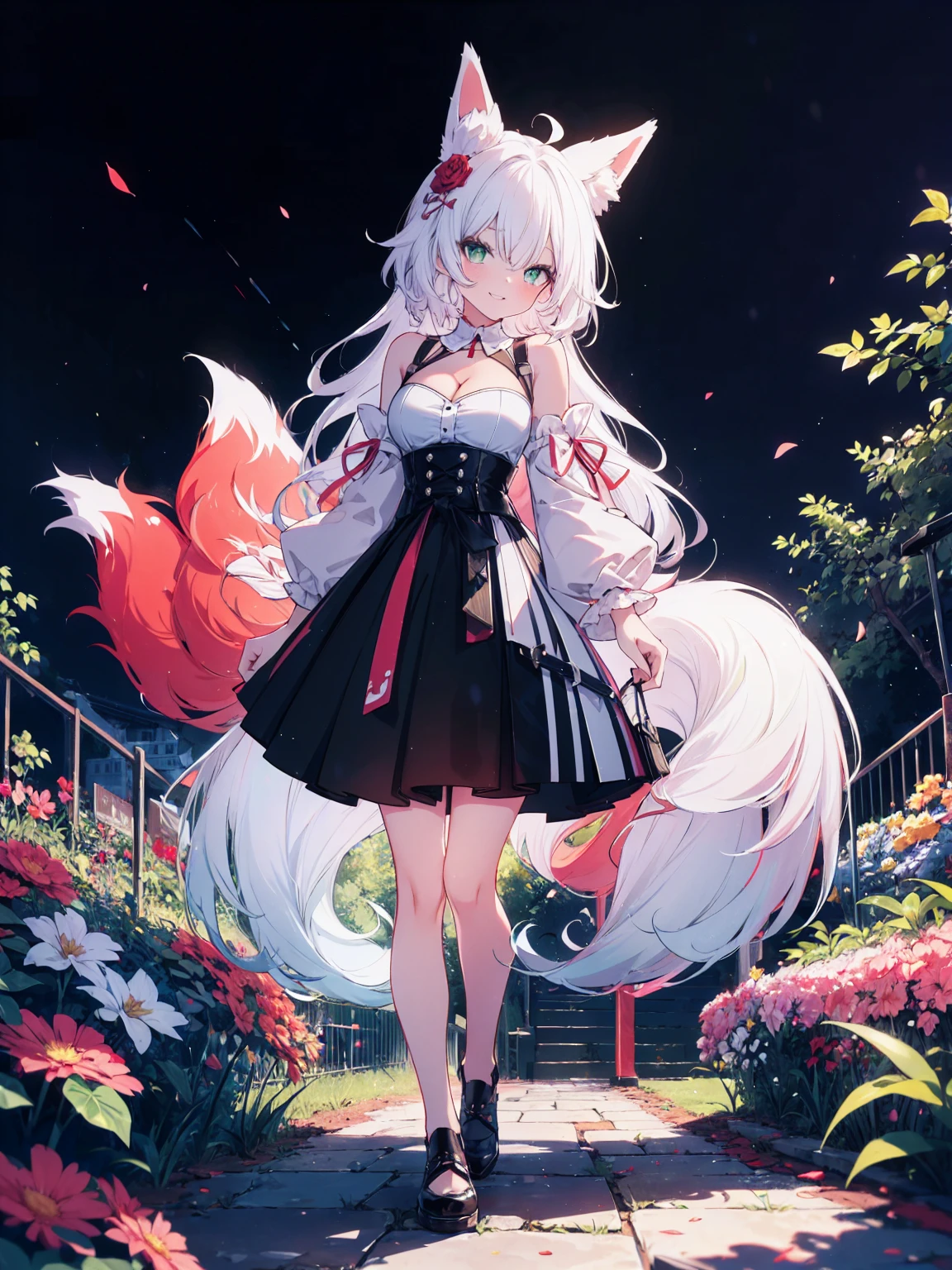 (full-body shot), (colorful:1.1), glowing, (ultra-high resolution, depth of field:1.2), (Tingyun), (Honkai Star Rail:1.1), solo, fox ears, four fox tails, fluffy tails, green eyes, red underliner, (white hair), long white hair with a hint of pink, medium breasts, (long black dress with a waist cincher), crossed collar shirt, cleavage, bare legs, grinning, garden scenery