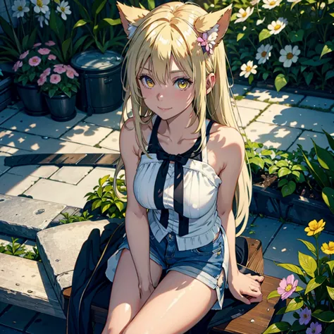 a girl with dog ears and tail, honey yellow eyes, wide, white hair, whole body, denim shorts, translucent blouse, beautiful body...