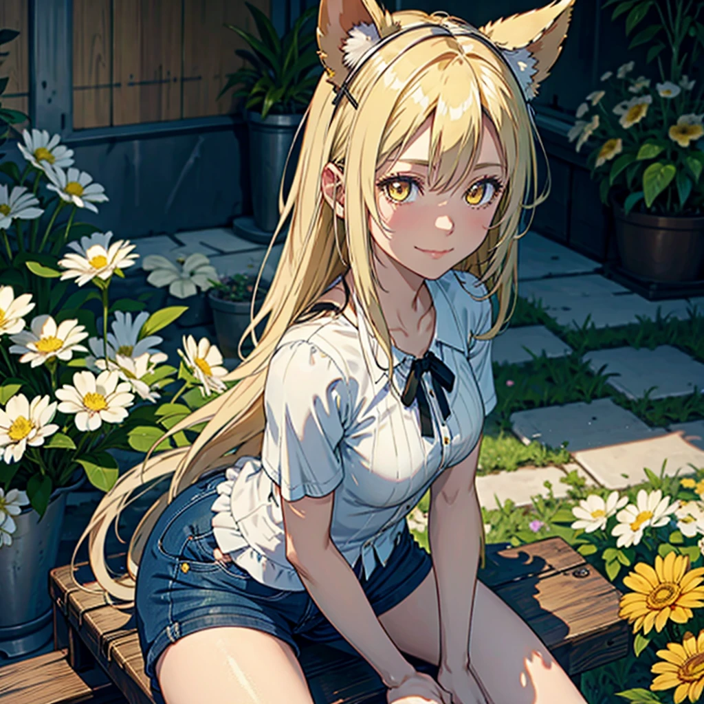 A girl with dog ears and tail, honey yellow eyes, wide, White hair, whole body, denim shorts, Translucent blouse, beautiful body, face (detailed), detailed skin, from the front looking up sitting on a bench around an interior garden with plenty of flowers and plants, fondo detailed, The best quality, 8k, Masterpiece, smiling, ojos detaileds, 