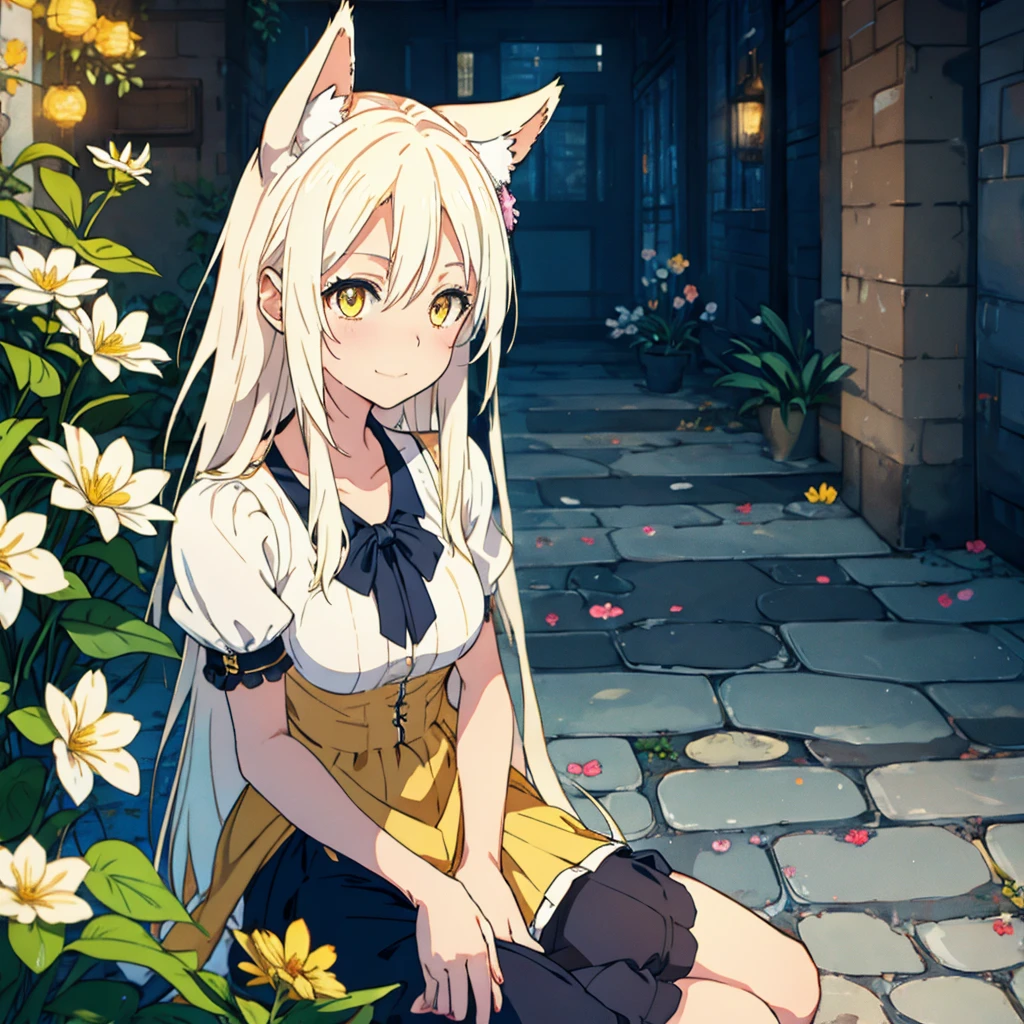 A girl with dog ears and tail, honey yellow eyes, wide,((( White)))hair, whole body, denim shorts, Translucent blouse, beautiful body, face (detailed), detailed skin, from the front looking up sitting on a bench around an interior garden with plenty of flowers and plants, fondo detailed, The best quality, 8k, Masterpiece, smiling, ojos detaileds, 