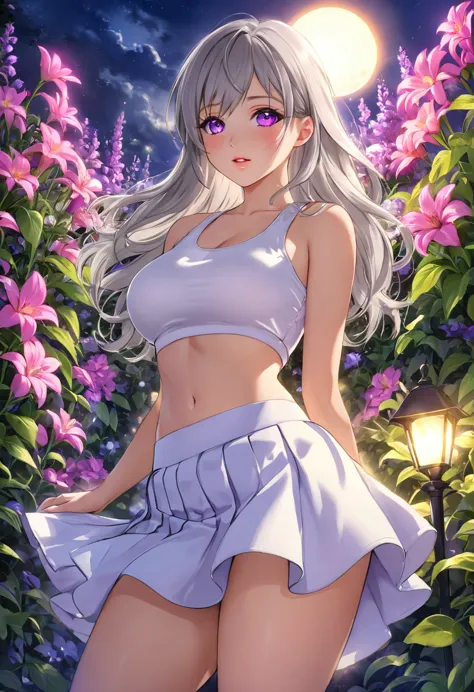 Realistic, One girl, Gray Hair, Purple eyes, Glowing Eyes, Crop top, skirt, Part your lips, blush, night, Flowers, sun, sunlight...