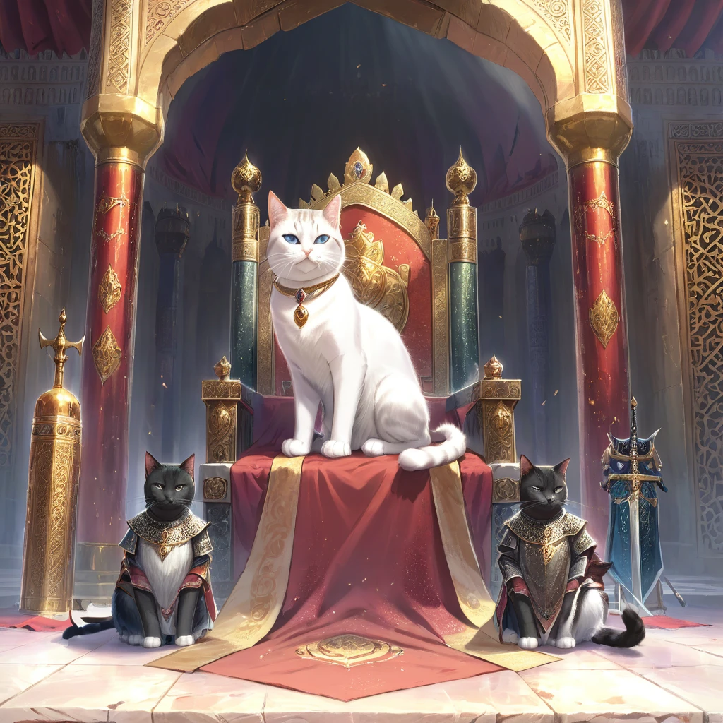 "masterpiece:1.2,High resolution,Official artwork,Beautiful details:1.2,An empty, exquisitely decorated throne, A palace made of cut stone, A room lit by flickering torches, A cat yawning while sitting on a throne,A comically open-mouthed cat face, Sitting on the throne as if power is of no concern to him,((One beautiful cat)), ((Beautiful Eyes)), (background: Countless swords displayed on the wall, All facing the same direction, Different types of swords, Several female attendants, Woman in beautiful arabic costume, Standing next to the throne, he looks at the cat and laughs or looks annoyed.),