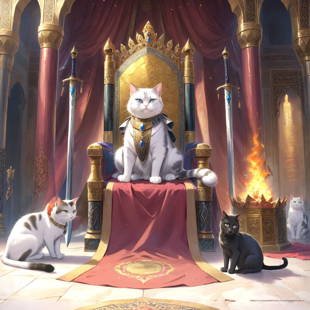 "masterpiece:1.2,High resolution,Official artwork,Beautiful details:1.2,An empty, exquisitely decorated throne, A palace made of cut stone, A room lit by flickering torches, A cat yawning while sitting on a throne,A comically open-mouthed cat face, Sitting on the throne as if power is of no concern to him,((One beautiful cat)), ((Beautiful Eyes)), (background: Countless swords displayed on the wall, All facing the same direction, Different types of swords, Several female attendants, Woman in beautiful arabic costume, Standing next to the throne, he looks at the cat and laughs or looks annoyed.),