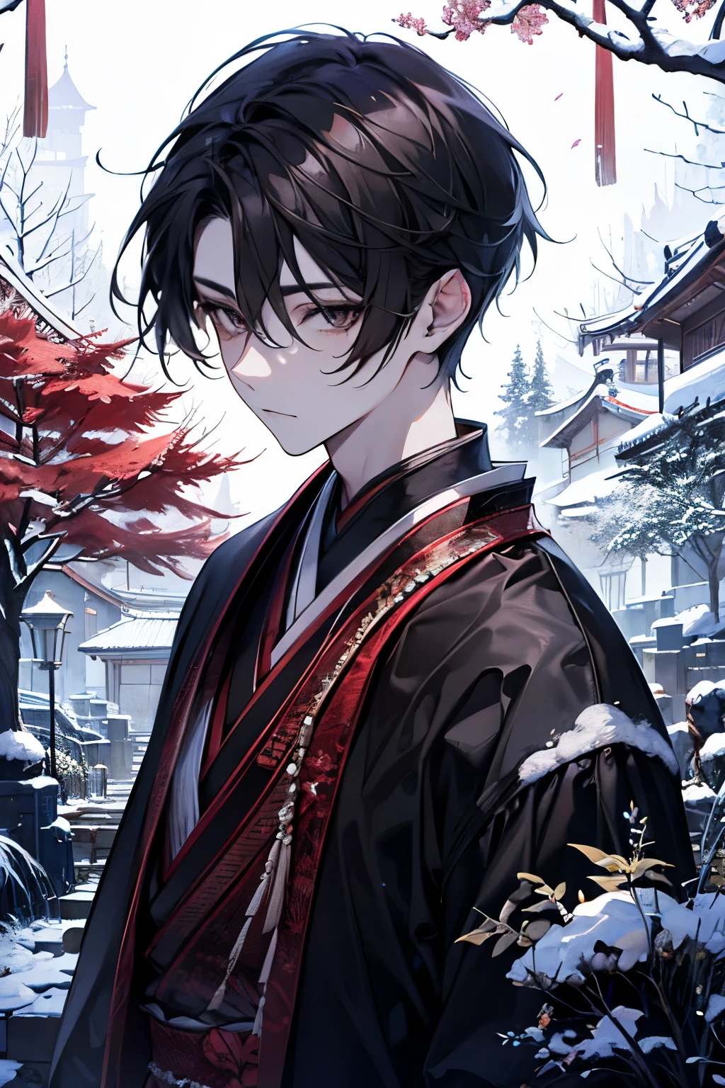 A handsome young man celebrates the New Year in a traditional Japanese setting. The moment just before he picks up a black cat and kisses it. A quiet garden covered with snow. The garden has a small pine tree and a stone lantern covered with snow, softly illuminated by the early morning light of the New Year. His features are smooth black hair, styled in a classic style, and deep brown eyes that reflect the hopeful beginning of the New Year