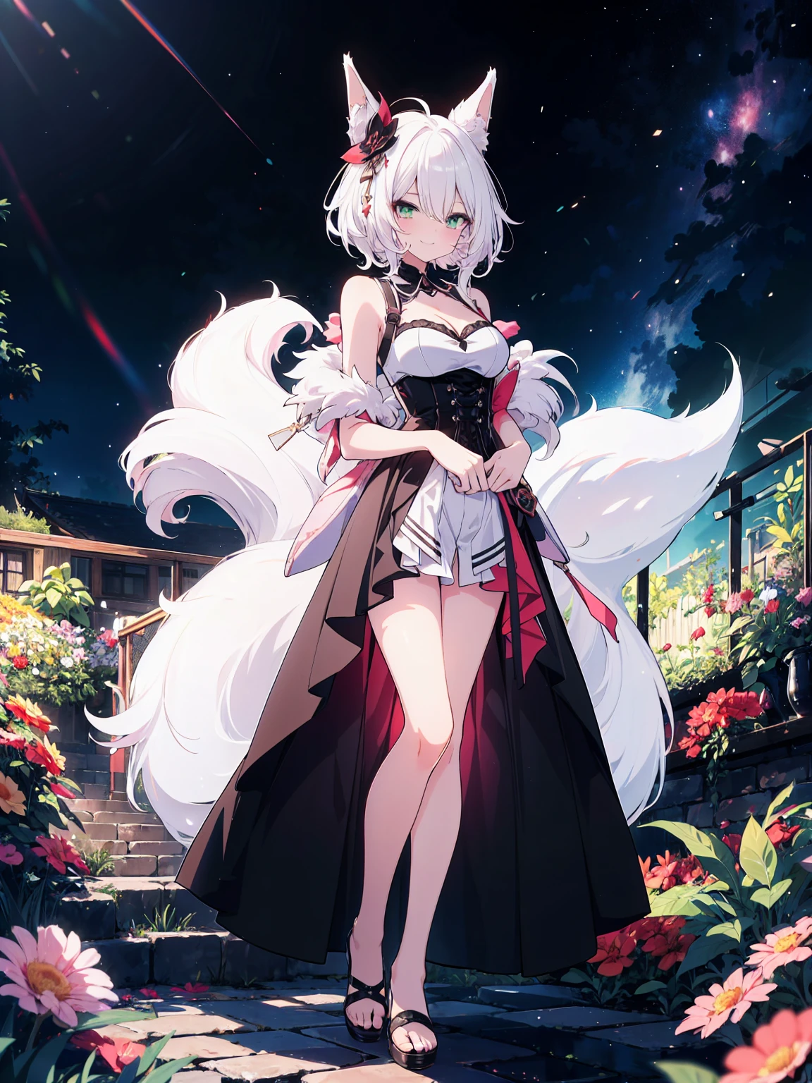 (full-body shot), (colorful:1.1), glowing, (ultra-high resolution, depth of field:1.2), (Tingyun), (Honkai Star Rail:1.1), solo, fox ears, four fox tails, fluffy tails, green eyes, red underliner, (white hair), long white hair with a hint of pink, medium breasts, (long black dress with a waist cincher), crossed collar shirt, cleavage, bare legs, smile, (squinting), garden scenery