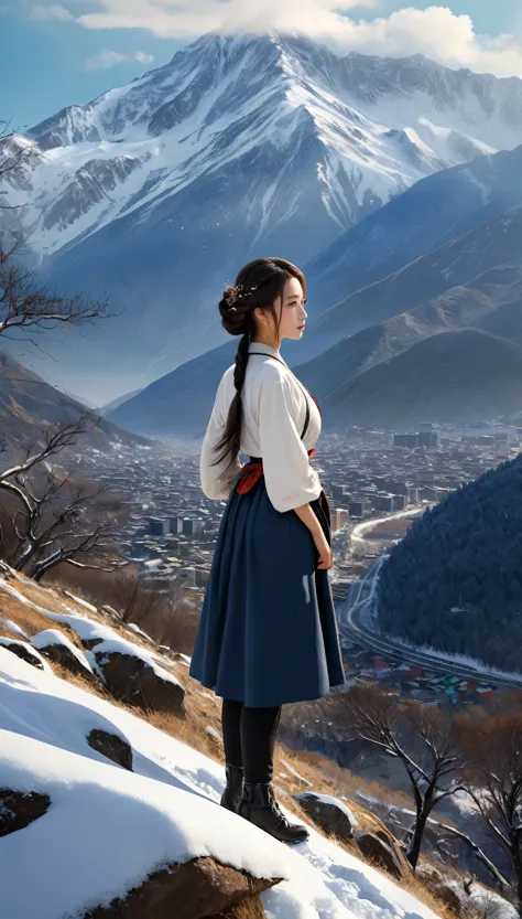 ((masterpiece)),Highest quality, figure, dark, One girl, In the wilderness,A tall mountain,Snow-capped mountains visible in the ...