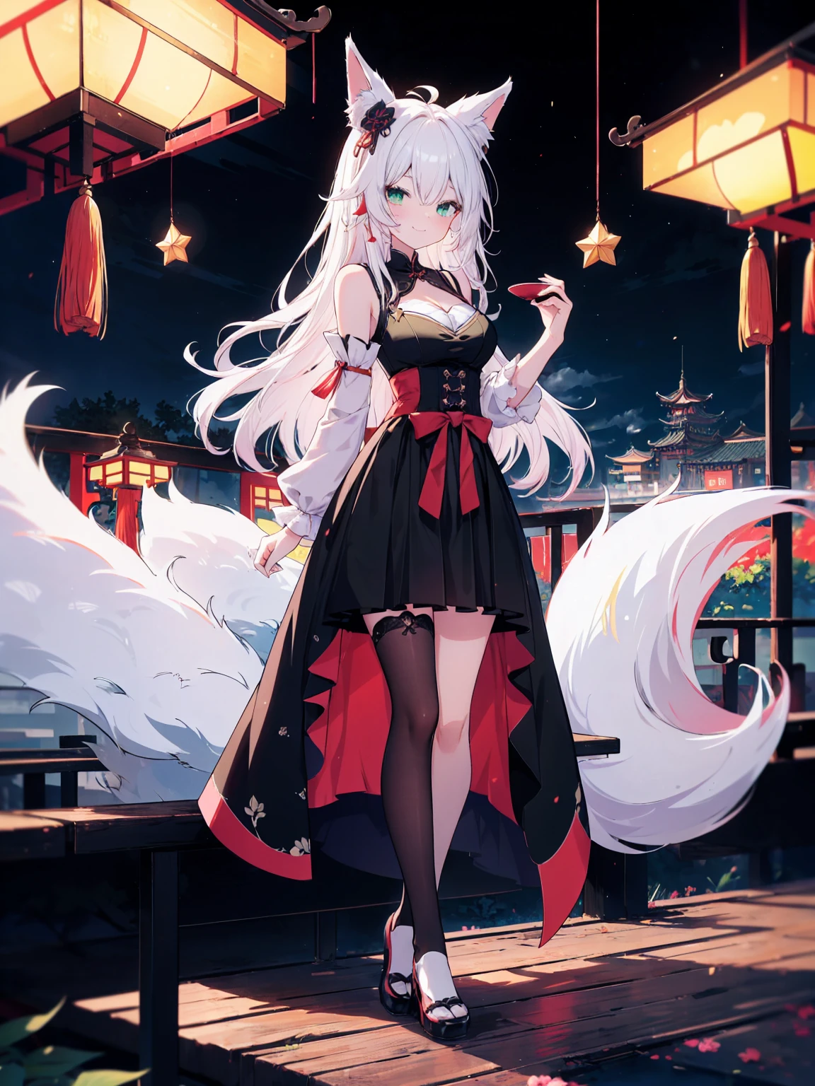 (full-body shot), (colorful:1.1), glowing, (ultra-high resolution, depth of field:1.2), (Tingyun), (Honkai Star Rail:1.1), solo, fox ears, four fox tails, fluffy tails, green eyes, red underliner, (white hair), long white hair with a hint of pink, medium breasts, (long black dress with a waist cincher), crossed collar shirt, cleavage, bare legs, smile, (squinting), chinese garden scenery