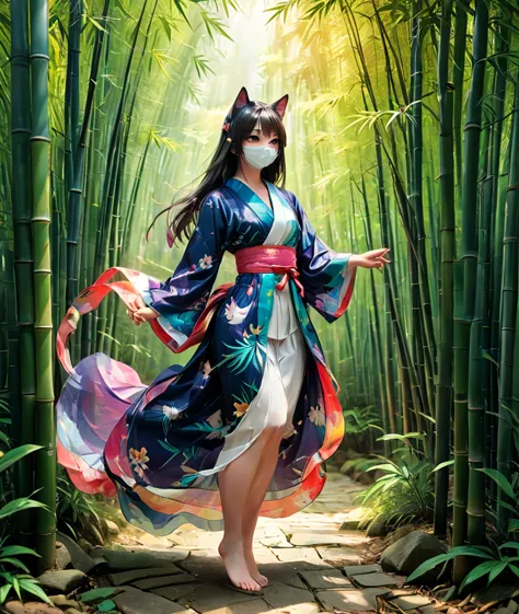 girl wearing a japanese-style cat mask、japanese girl、wearing a yukata、smooth long hair with bangs、inside the bamboo forest、compl...