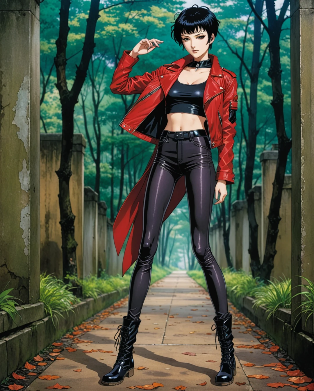 amano yoshitaka, a full-body, high-resolution anime style of A woman with black pixie cut hair, dressed in black tights, black boots, black crop top, and red leather jacket