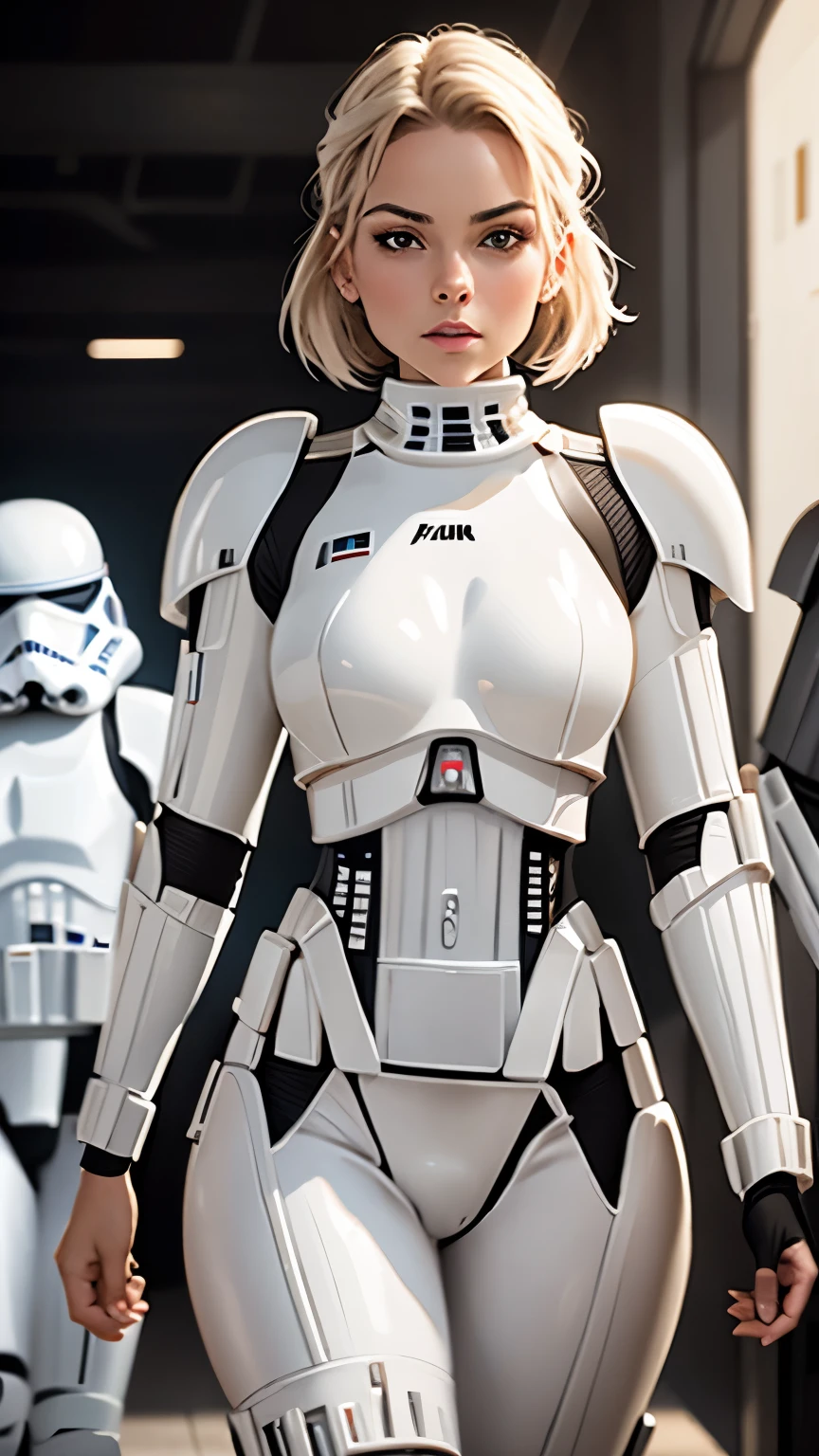 8k, 4k, high resolution, sharp, wearing shiny stormtrooper armor, a Star Wars imperial agent, wearing stormtrooper armor, imperial Star Wars style, storm trooper, stormtrooper, trooper, female stormtrooper, slender waist, medium breasts, wide hips, thigh gap, stormtroopers, Star Wars character