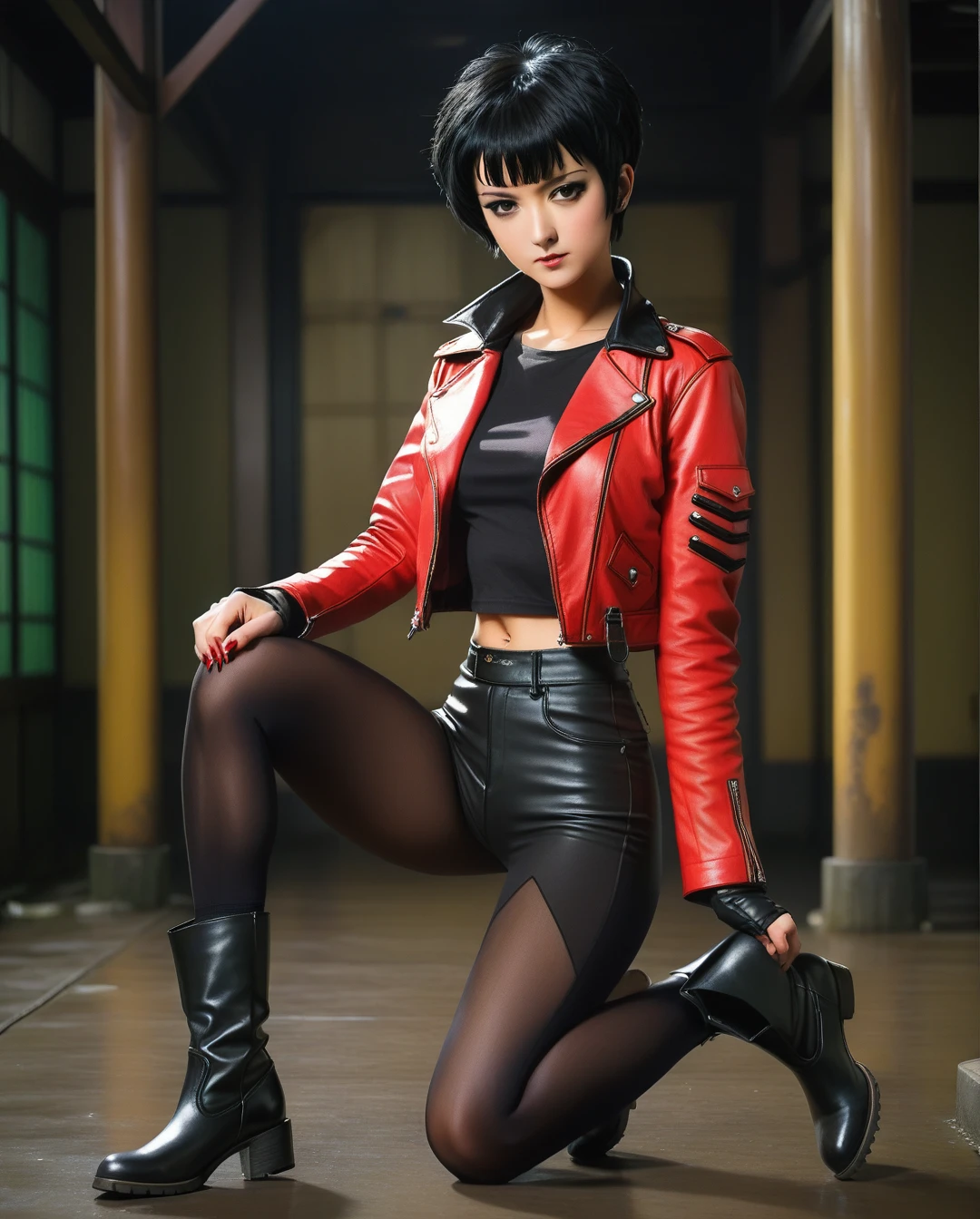 amano yoshitaka, a full-body, high-resolution anime style of A woman with black pixie cut hair, dressed in black tights, black boots, black crop top, and red leather jacket