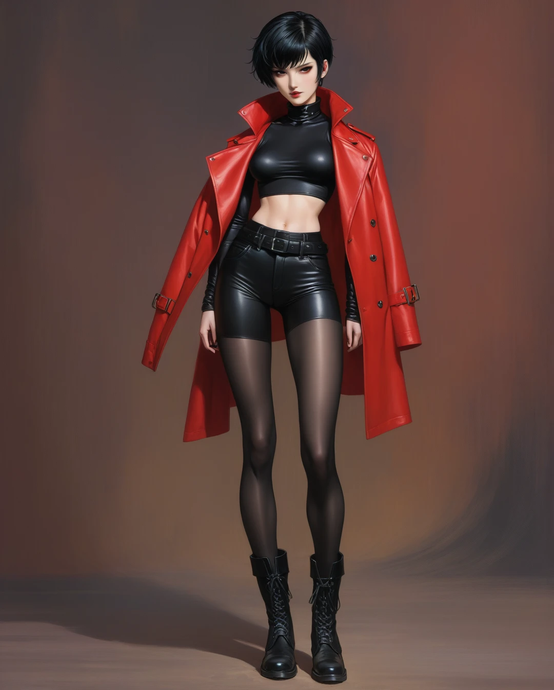 amano yoshitaka, a full-body, high-resolution anime style of A woman with black pixie cut hair, dressed in black tights, black boots, black crop top, and red leather jacket