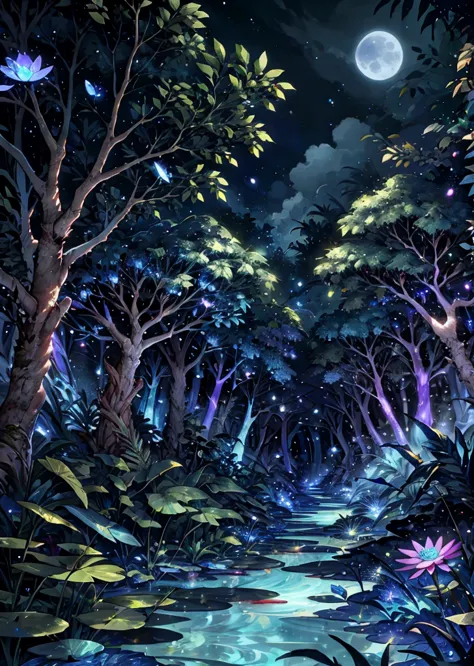 detailed background, tropical forest, vibrant colors of foliage, moonlight, blue light, scenery, no people, Firefly, Particles, ...