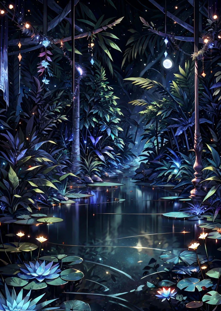 detailed background, tropical forest, vibrant colors of foliage, moonlight, blue light, scenery, no people, Firefly, Particles, roots, blue water lily,