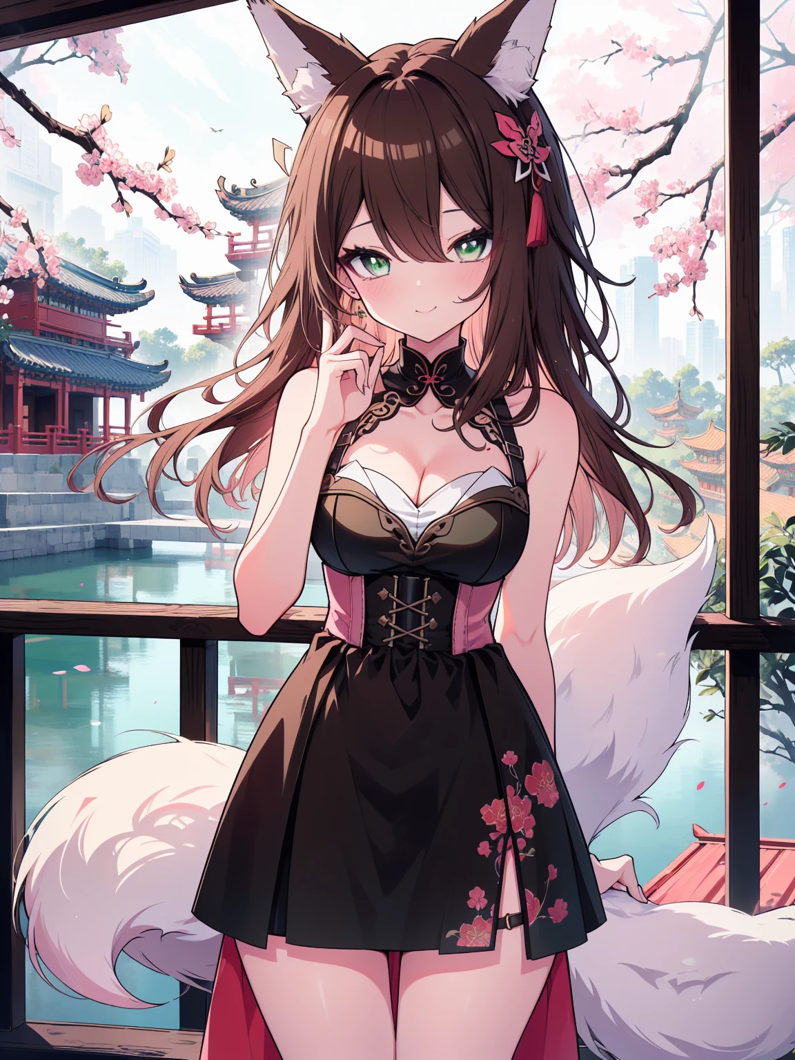 (cowboy shot), (colorful:1.1), glowing, (ultra-high resolution, depth of field:1.2), (Tingyun), (Honkai Star Rail:1.1), solo, fox ears, (brown hair), long brown hair with a hint of green, green eyes, red underliner, (white fox tails with a hint of pink) four fox tails, fluffy tails, medium breasts, long dress, (long black dress with a waist cincher:1.2), crossed collar shirt, cleavage, bare legs, smile, (squinting), Chinese garden scenery