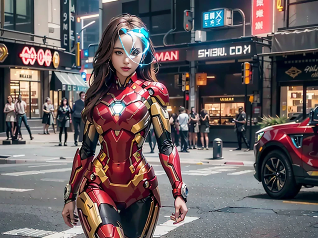 8K, Realistic, Attractive, Highly detailed, A 20 year old caucasian girl, a sexy and attractive woman，inspired by Iron Man，Wearing a shiny Iron Man mech. She dresses sexy and confident, A perfect interpretation of the power and charm of Iron Man. In a cyberpunk-style night view of the city, Sexy and charming woman with the theme of Iron Man's cosplay. Wearing a shiny Iron Man mech, She stood on a street lined with tall buildings. The night lights of the city are bright, Reflect on her mech, Add a sense of futuristic technology. The surrounding buildings and streets are full of cyberpunk elements, Like neon lights, High-tech equipment and futuristic architectural design. The whole scene is full of futuristic and sci-fi atmosphere. This HD, High-quality graphics will give you amazing visual enjoyment, The perfect combination of sexiness, Futuristic and sci-fi elements. oc rendered, Dramatic lighting, Award-winning quality