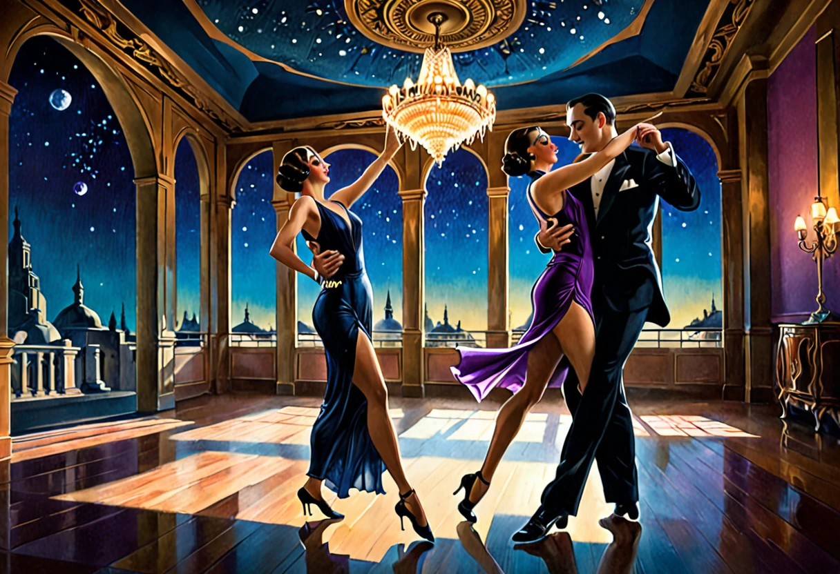 ein Mann und eine Frau tanzen Tango, Art-Deco-Ballsaal, Warme Farbpalette, 1920er Jahre, 1 Mann 1 Frau, sexy Tango-Tanzpose, Gesellschaftstänzer, kunstvolles Art-Deco-Interieur, detaillierte architektonische Merkmale, chandelier, (beste Qualität,4k,8k,highres,Meisterwerk:1.2),ultra-detailliert,(Realistisch,photoRealistisch,photo-Realistisch:1.37), natürliche Beleuchtung, natürliche Schatten, Vor dem Fenster ist ein Balkon. eine schmale Fenstertür mit gewölbter Oberseite führt auf den Balkon, Mann blickt nach vorne, Frau blickt vom Betrachter weg, Tango tanzen, Frau trägt ein lila Kleid mit Schlitz, sie hat ihr rechtes Bein zur Seite ausgestreckt, (ihren Oberschenkel freilegen:1.5), Draußen ist es dunkel, Kleine Sterne leuchten in (der dunkelblaue Himmel:1.3), (schwach beleuchteter Raum:1.2), und Schatten werden auf die Augenhöhlen geworfen, was es unmöglich macht, ihre Ausdrücke zu lesen, detaillierte Gesichtsbehandlung 