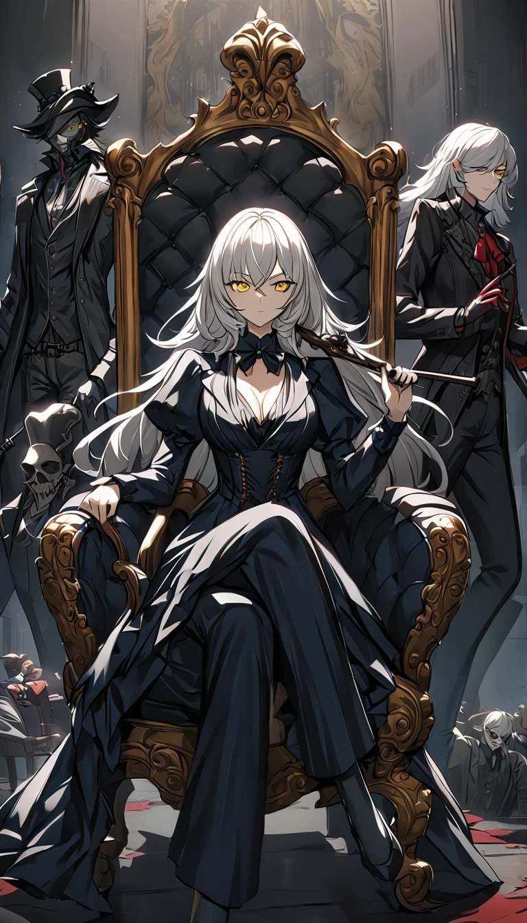 Sae Niijima | Persona 5, there is a woman sitting in a chair, holding cane, visible cane, white hair, long hair, yellow eyes, V-neck Prom Dress, bloodborne style, sitting on chair. intricate, grim-hatter, the madhatter, dishonored style, rococo cyberpunk, victorian vampire, inspired victorian sci - fi, zerochan art, inspired by J. J. Grandville,