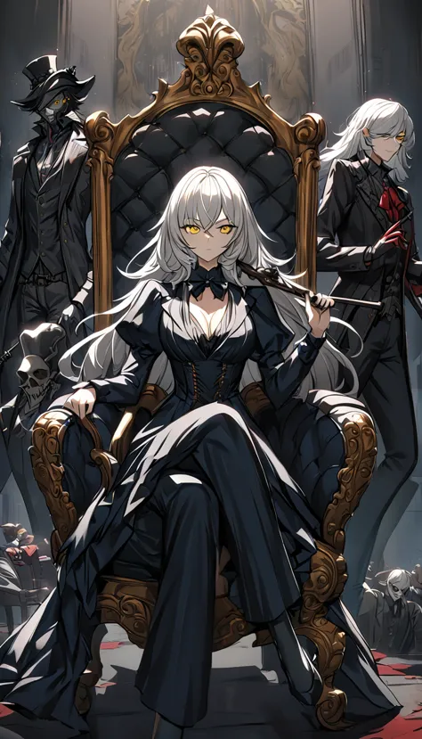 sae niijima | persona 5, there is a woman sitting in a chair, holding cane, visible cane, white hair, long hair, yellow eyes, v-...