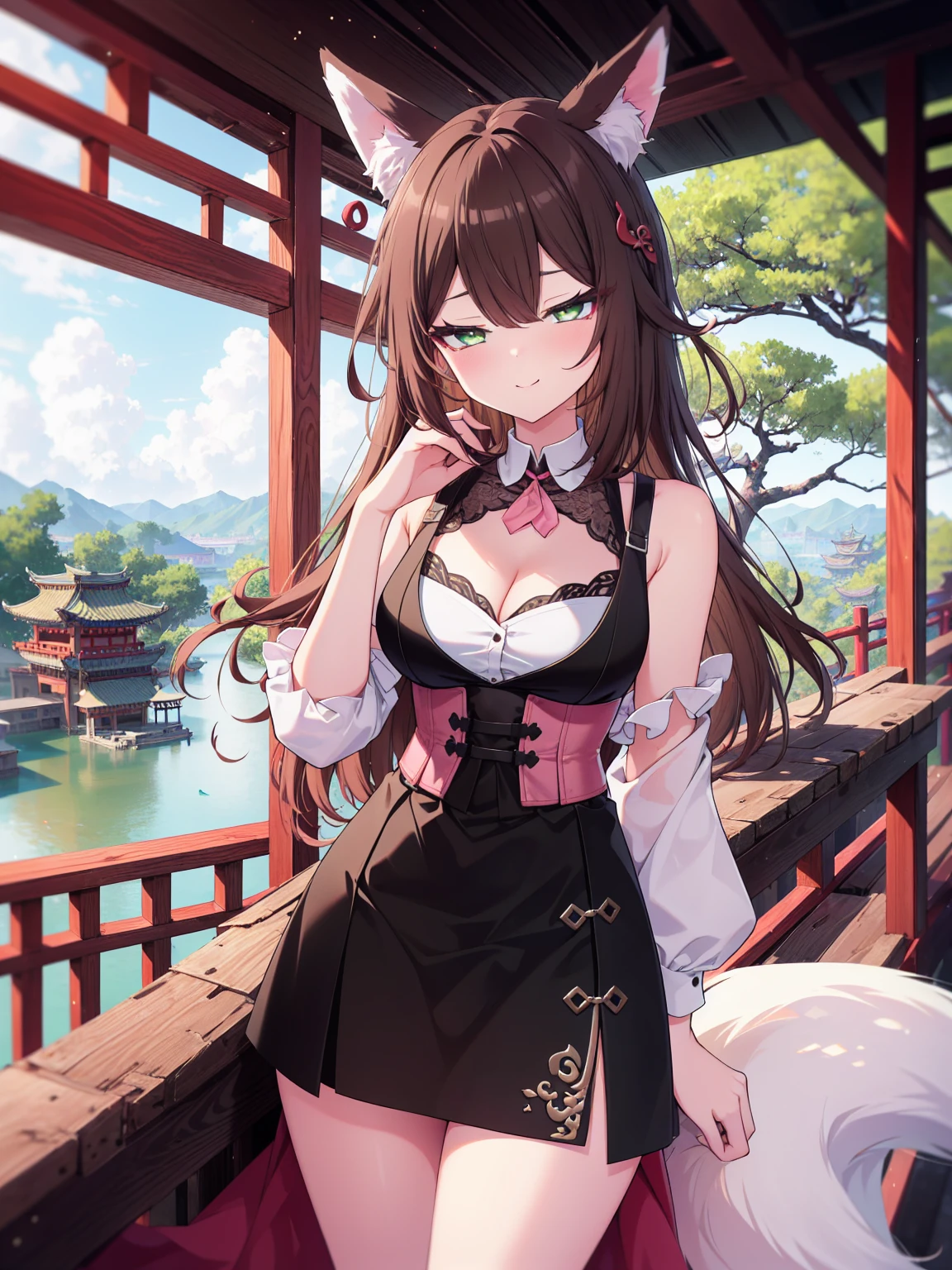 (cowboy shot), (colorful:1.1), glowing, (ultra-high resolution, depth of field:1.2), (Tingyun), (Honkai Star Rail:1.1), solo, fox ears, (brown hair), long brown hair with a hint of green, green eyes, red underliner, (white fox tails with a hint of pink) four fox tails, fluffy tails, medium breasts, (long dress), (long black dress with a waist cincher:1.2), (crossed collar shirt), cleavage, bare legs, smile, (squinting), Chinese garden scenery