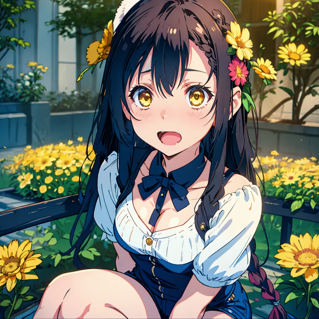 Girl with dog ears and tail, erect ears, honey yellow eyes, Highly detailed eyes, long hair and(( White)) with a small braid on the sides, denim shorts, translucent blouse, whole body, looking up, open mouth smile, big chest, beautiful body, detailed face y con amplia gama de gestos, sitting on a bench around a garden with flowers of various colors, detailed background, detailed face, Play of light and shadows, cinematographic, high quality, 8k, Masterpiece, 