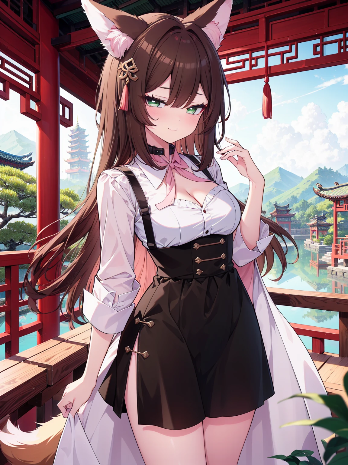 (cowboy shot), (colorful:1.1), glowing, (ultra-high resolution, depth of field:1.2), (Tingyun), (Honkai Star Rail:1.1), solo, fox ears, (brown hair), long brown hair with a hint of green, green eyes, red underliner, (white fox tails with a hint of pink), four fox tails, fluffy tails, medium breasts, (long dress), (long black dress) (waist cincher:1.2), (crossed collar shirt), cleavage, bare legs, smile, (squinting), Chinese garden scenery