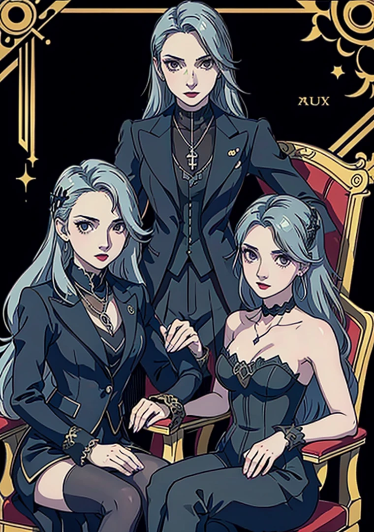 pollux | Alchemy Stars, Sae Niijima | Persona 5, 1girl, legs crossed, holding cane, white hair, long hair, yellow eyes, V-neck Prom Dress, bloodborne style, sitting on chair. intricate, grim-hatter, the madhatter, dishonored style, rococo cyberpunk, victorian vampire, inspired victorian sci - fi, zerochan art, inspired by J. J. Grandville,