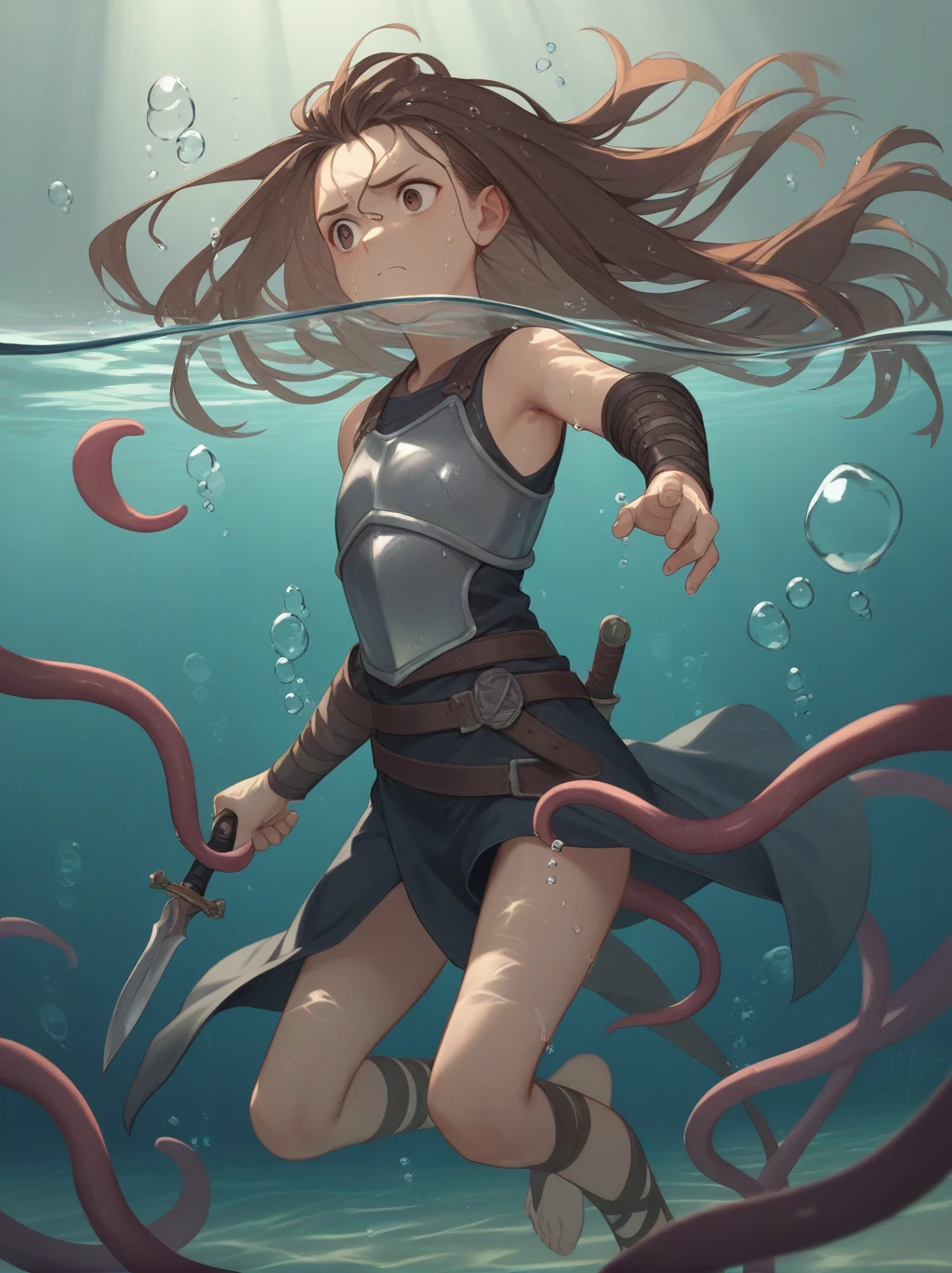 Partially underwater,最high quality,high quality, 4-year-old, , Long Hair, Brown Hair, Wet Hair, Flat Chest,Dark underground labyrinth,No light,Leather armor,Equipped with a dagger and a shield,Face above water,Body in water, Underwater Photography,The robe rolls up due to buoyancy,Painful face、My leg is pulled by tentacles、Being dragged into the water、Go wild