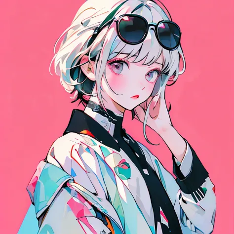 masterpiece、One Girl、White Hair、Fashionable clothes、(((Black jacket)))、Pink Background、sunglasses、Low - Angle