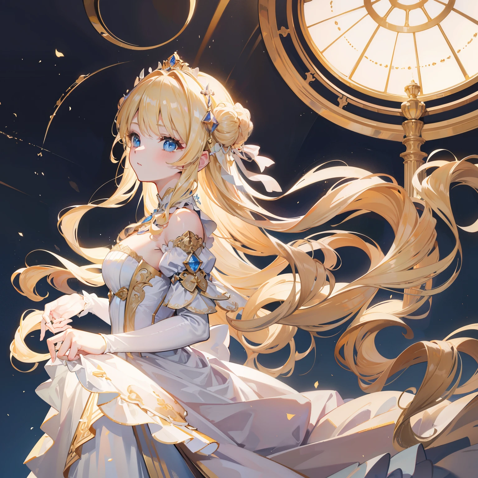 masterpiece、Highest quality、Very detailed、Beautiful lighting、blonde、White Dress、Noble、palace、[[White Dress:2]]、(Dense curl roll)