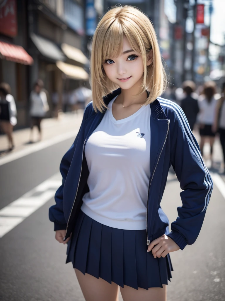 (8K, RAW Photos, Highest quality, masterpiece:1.2), (Realistic, photo-Realistic:1.4), (Highly detailed 8K wallpapers), ((Full Body Shot)), (1 girl), Sharp focus, Depth of written boundary, Cinematic lighting, Soft Light, The beauty of detail, eye_Chan, Very beautiful 17 year old girl, innocent big eyes, Realistic, photo Realistic, Highly detailed cute girl, (Thin thighs), (Model Body Type), 18-year-old, ((Blue track jacket)), (Black Micro Mini Pleated Skirt), (((Fold your arms in front of your chest and act arrogantly))), ((A happy smile)), Parted lips, Watching the audience, (On the streets of Tokyo) , (bionde),（Long Bob Hair), (Asymmetrical bangs)