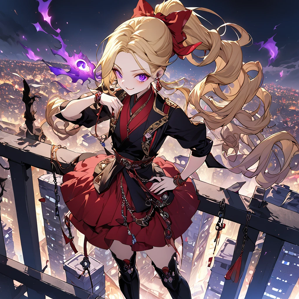 1girl, solo, standing on the roof of a skyscraper, dark persona, hand on own hip, pillars of purple fire, gripping sword in hand, masterpiece, best quality, ultra-detailed, illustration, beautiful detailed eyes, kusakabe maron, kaitou jeanne, long hair, evil smile, black cloth, purple eyes, boots, blonde hair, bow, ribbon, hair ribbon, ponytail, earrings, red ribbon, red bow, drill hair, high ponytail, purple obi, chains, yin yang, earring, pierces, forehead accessory, beautiful art, high res, perfect face, detailed outfit,