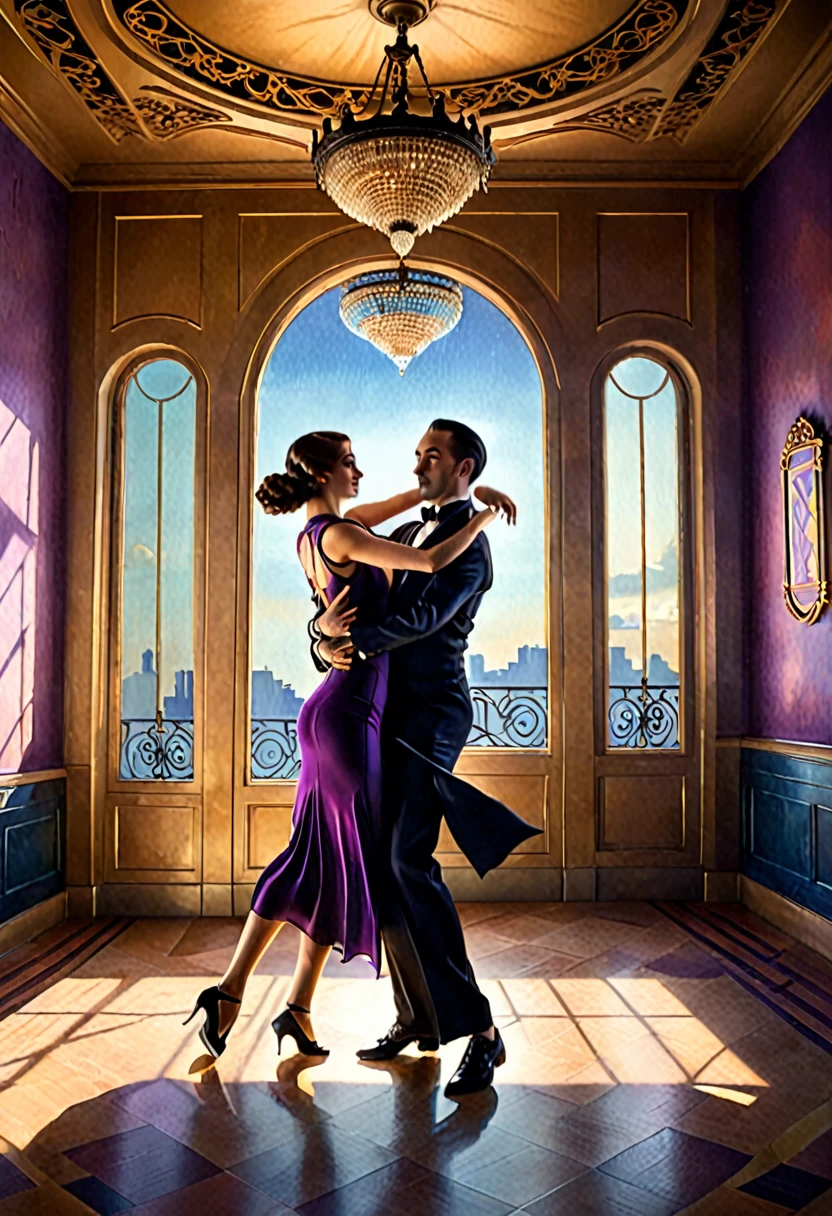 a man and woman dancing tango, art deco ballroom, warm color palette, 1920s, 1 man 1 woman, sexy tango dance pose, ballroom dancers, ornate art deco interior, detailed architectural features, chandelier, (best quality,4k,8k,highres,masterpiece:1.2),ultra-detailed,(realistic,photorealistic,photo-realistic:1.37), natural lighting, natural shadows, Outside the window is a balcony. a narrow french window with an arched top leads out to the balcony, man facing forward, woman facing away from viewer, dancing the tango, woman is wearing a purple dress with slit, she has her right leg out to the side, (exposing her thigh:1.5), Outside is dark, small stars are shining in (the dark blue sky:1.3), (dimly lit room:1.2), and shadows are cast on the eye sockets, making it impossible to read their expressions, detailed facial 