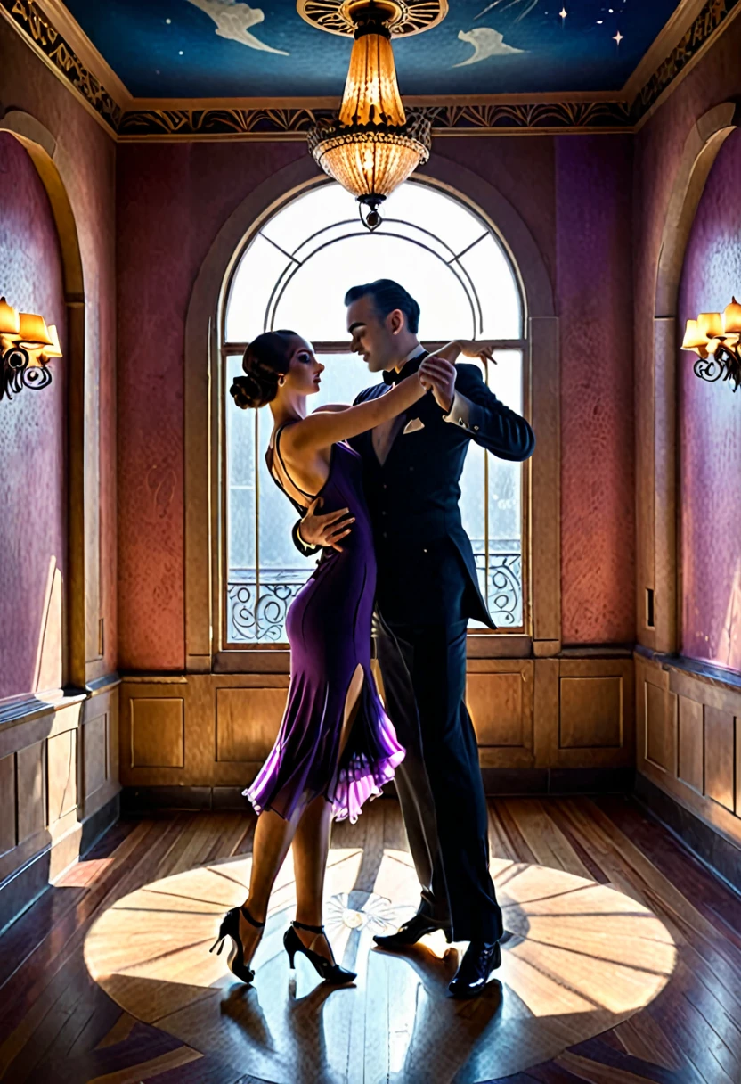 a man and woman dancing tango, art deco ballroom, warm color palette, 1920s, 1 man 1 woman, sexy tango dance pose, ballroom dancers, ornate art deco interior, detailed architectural features, chandelier, (best quality,4k,8k,highres,masterpiece:1.2),ultra-detailed,(realistic,photorealistic,photo-realistic:1.37), natural lighting, natural shadows, Outside the window is a balcony. a narrow french window with an arched top leads out to the balcony, man facing forward, woman facing away from viewer, dancing the tango, woman is wearing a purple dress with slit, she has her right leg out to the side, (exposing her thigh:1.5), Outside is dark, small stars are shining in (the dark blue sky:1.3), (dimly lit room:1.2), and shadows are cast on the eye sockets, making it impossible to read their expressions, detailed facial 