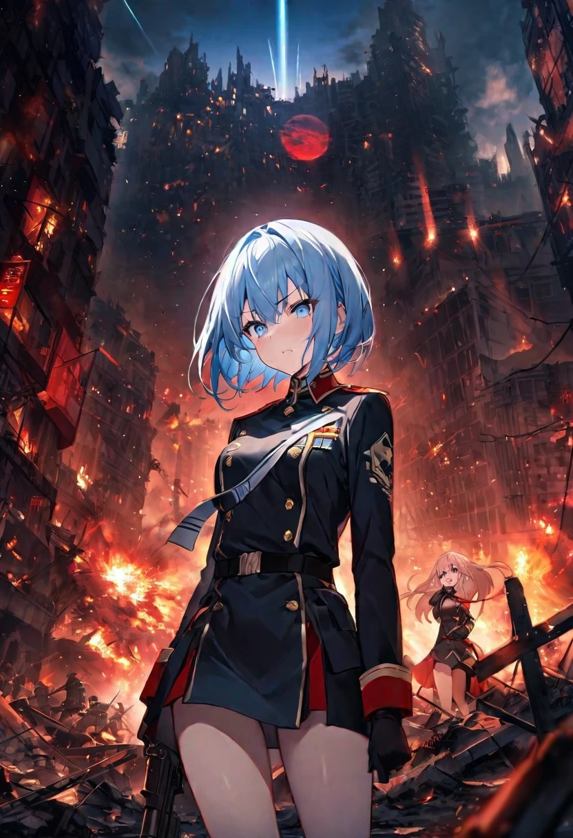 Facing forward　girl　Military uniforms with a white base and some black　Spectacular Background　A shooting star is falling　Beautiful night view　　　She is on the right　On the left you can see the destroyed city.　He has a gun　　　服にはplaneが描かれています　背景の上部にはFighterが飛んでいます　Red Moon　blue eyes　　There is one person　light blue long hair　wearing a military cap　war　I'm wearing pants　Precision　masterpiece　girlにクローズアップ　girlを正面から見ています　short hair　soldier　battlefield　{超Precision} Satanic　She's angry　But I&#39;m angry　Hanging eyes　Anime Style　 {war} {Gunfight} {Fighterの擬人化} Fighter　tank　Battleship　plane　Thunder Day　Mechanical Man　宇宙Battleshipヤマトの武装をつけています　A dignified expression　F-16Fighterの翼を背中につけています