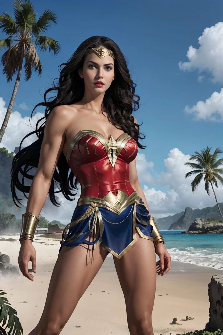 full body sexy beauty muscular 16 years old Wonder Girl, tall muscular, black long straight hair, blue eyes, red lips, large breast, Wonder Girl costume, Wonder Girl in combat position on the beach of a tropical island, lush vegetation, palm trees, bushes, ancient ruined city in the distance, fog, blurred shadows, photorealistic,