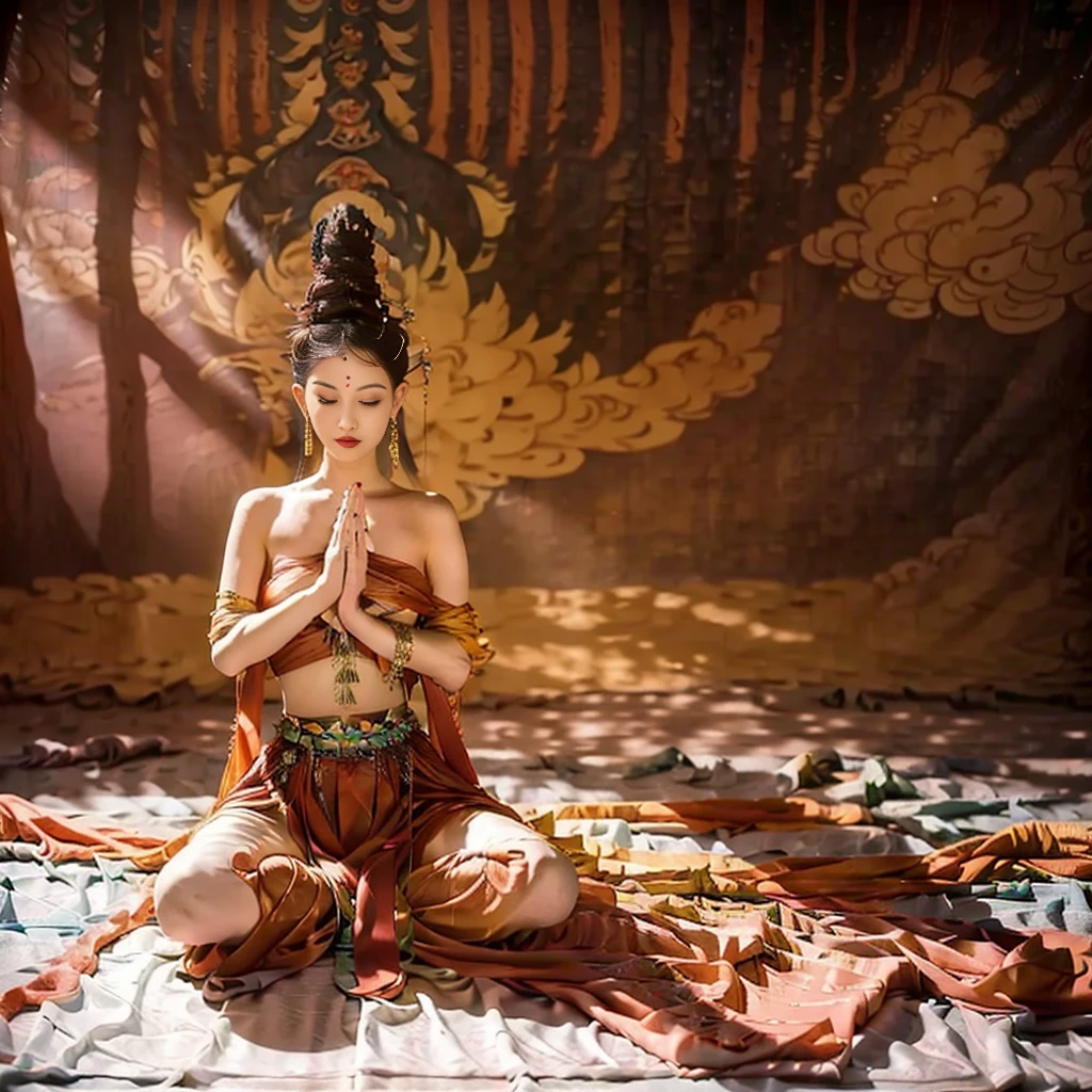 Naked Tantric female Bodhisattva sitting cross-legged on an altar meditating,（Sweating all over）, （Hands together），Perform a sacred ceremony, The ground was covered with offerings, (best quality, high resolution:1.2)