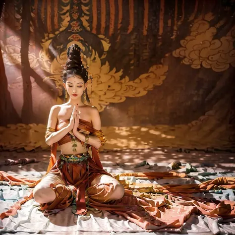 Naked Tantric female Bodhisattva sitting cross-legged on an altar meditating,（Sweating all over）, （Hands together），Perform a sac...
