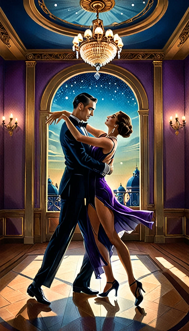 a man and woman dancing tango, art deco ballroom, warm color palette, 1920s, 1 man 1 woman, sexy tango dance pose, ballroom dancers, ornate art deco interior, detailed architectural features, chandelier, (best quality,4k,8k,highres,masterpiece:1.2),ultra-detailed,(realistic,photorealistic,photo-realistic:1.37), natural lighting, natural shadows, Outside the window is a balcony. a narrow french window with an arched top leads out to the balcony, man facing forward, woman facing away from viewer, dancing the tango, woman is wearing a purple dress with slit, she has her right leg out to the side, (exposing her thigh:1.5), Outside is dark, small stars are shining in (the dark blue sky:1.3), (dimly lit room:1.2), and shadows are cast on the eye sockets, making it impossible to read their expressions, detailed facial 